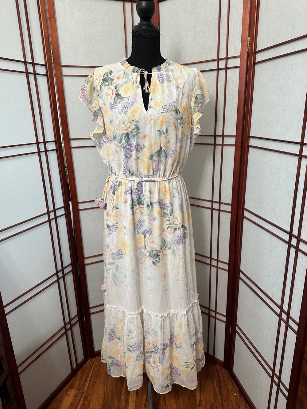 Joie Floral Tie-Neck Maxi Dress in Cream, Yellow, Lavender
